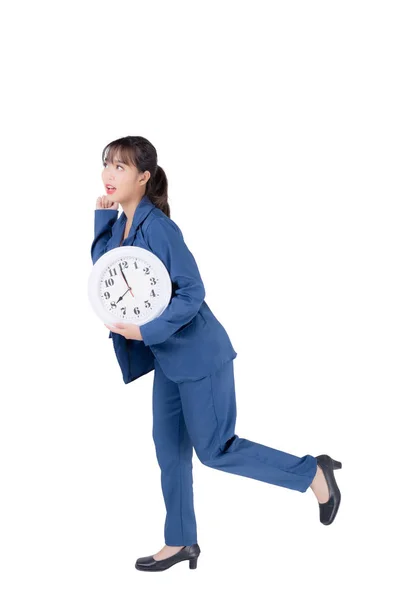 Beautiful Portrait Young Business Asian Woman Holding Clock Shock Isolated — Stock Photo, Image