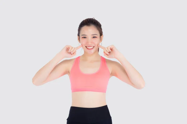 Retrato Bonito Jovem Asiático Mulher Esporte Toque Bochecha Com Satisfeito — Fotografia de Stock