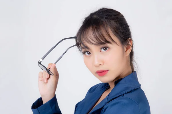 Retrato Bonito Jovem Mulher Negócios Asiática Usando Óculos Expressão Pensamento — Fotografia de Stock