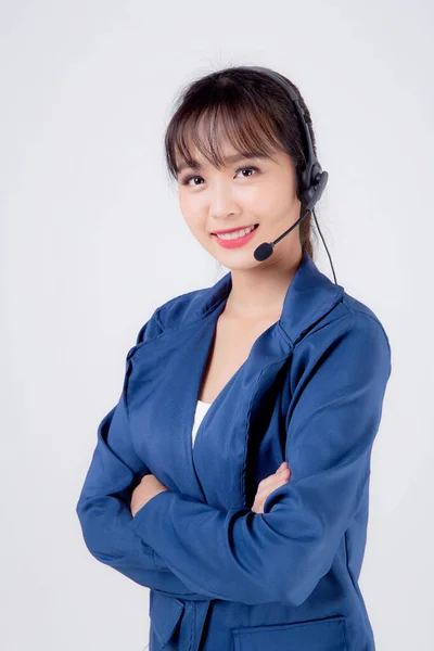 漂亮的肖像画年轻的亚洲女商人客户服务工作呼叫中心 耳机独立于白人背景 电话接线员中的女声助手 交流理念 — 图库照片