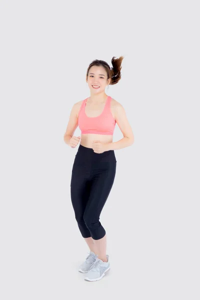 Jovem Bonita Mulher Asiática Feliz Sorridente Jogging Isolado Fundo Branco — Fotografia de Stock