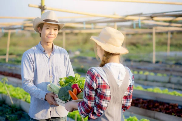 Krásná Mladá Asijská Žena Muž Drží Čerstvou Ekologickou Zeleninu Košíkem — Stock fotografie