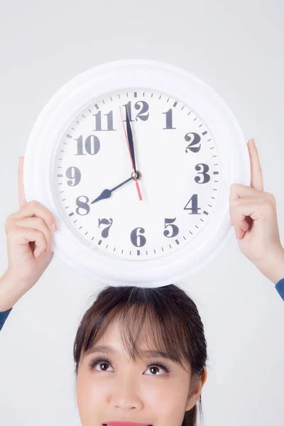 Hermoso Retrato Joven Negocio Asiático Mujer Sonriendo Celebración Reloj Cabeza —  Fotos de Stock