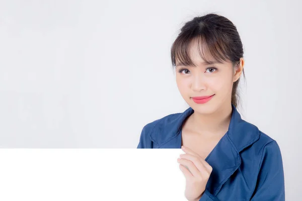 Bonito Retrato Jovem Negócio Asiático Mulher Apresentando Branco Tabuleta Isolado — Fotografia de Stock