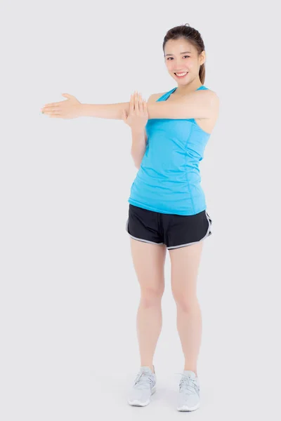 Hermoso Retrato Joven Asiática Mujer Feliz Pie Brazo Muscular Estiramiento —  Fotos de Stock