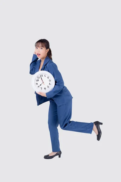 Beautiful Portrait Young Business Asian Woman Holding Clock Shock Isolated — 스톡 사진