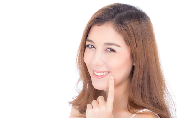 Retrato Hermosa Mujer Asiática Maquillaje Cosméticos Chica Mano Toque Dientes — Foto de Stock