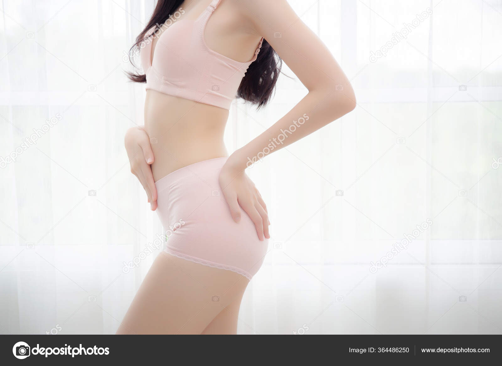 Closeup Asian Woman Wear Underwear Beautiful Body Belly Slim Shape