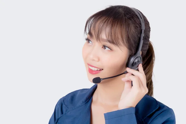 美しい肖像若いアジアのビジネス女性の顧客サービスの仕事のコールセンターヘッドセットに白い背景に隔離され 女の子は ホットラインのサポート電話事業者 通信コンセプトでアシスタントを話す — ストック写真