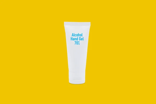 Mockup product alcohol hand gel 70% isolated on yellow background, sanitizer for protection covid-19 (Coronavirus), antiseptic for protect pandemic, antibacterial and flu to cleaning hand.