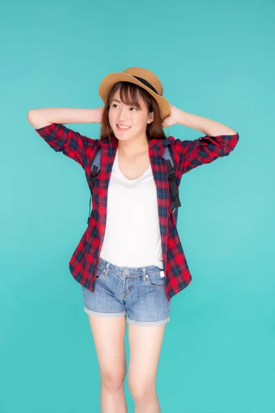 Hermoso Retrato Joven Asiática Mujer Sosteniendo Sombrero Sonrisa Expresión Alegre —  Fotos de Stock