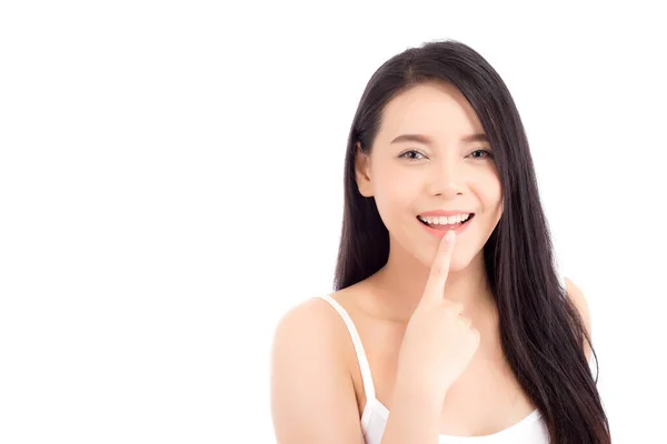 Retrato Hermosa Mujer Asiática Maquillaje Cosméticos Labios Boca Toque Mano — Foto de Stock