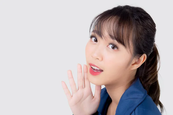 Beautiful Portrait Young Asian Business Woman Shout Speaking Loud Isolated — Stock Photo, Image
