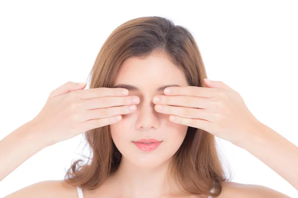 Retrato Mujer Hermosa Maquillaje Cosmética Mano Niña Ojo Cerrado Sonrisa — Foto de Stock