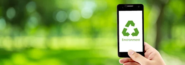 Smart Phone Holding Hand Recycle Symbol Eco Environment Icon Concept — Stock Fotó