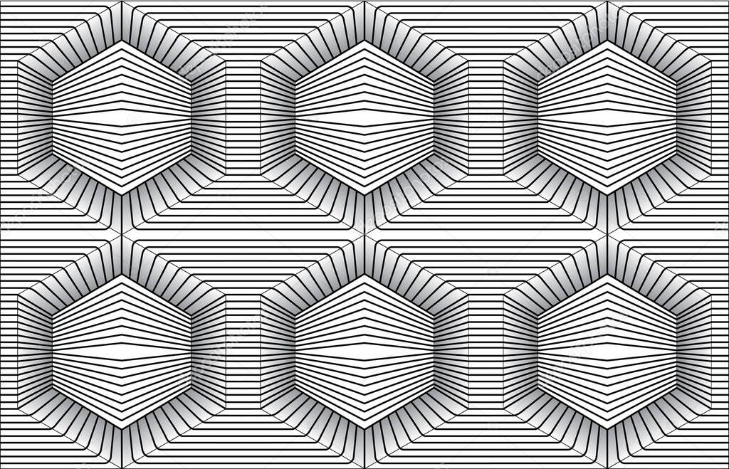 Black and white optical illusion. Optical illusions art. Design seamless twirl movement striped geometric pattern. Abstract monochrome background. Seamless op art background.