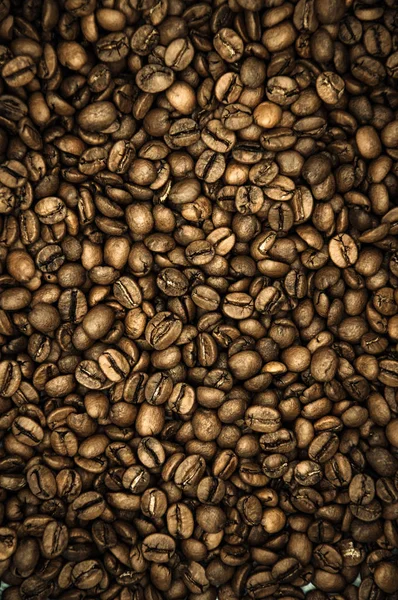 Kahve taneleri. Kavrulmuş kahve çekirdekleri kahverengi arka plan. Düzen