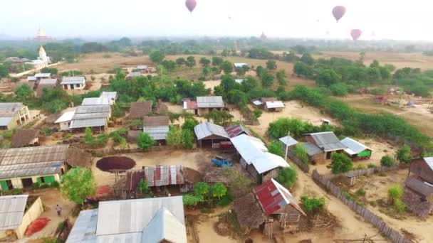 Flying with balloon over the village, Bagan — Stock Video