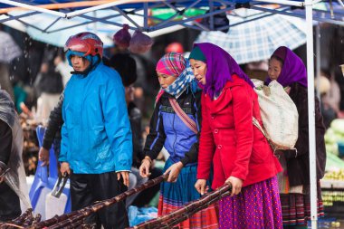 Bac Ha, Vietnam-Aralık 15, 2013. Hill kabile kadınlar şeker kamışı bitkiler 15 Aralık 2013 Vietnam Bac Ha Pazar pazar satın almak için gidiyoruz. Bac Ha hilltribe piyasasıdır nerede ticaret veya Lao Cai eyalette satın insanlar gelir.