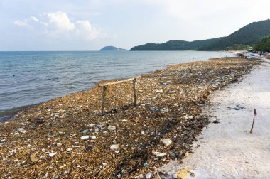 Çevre felaketi. Bai Sao sahilinde çöplük. Kıyısında beyaz kum var..