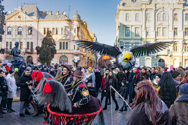 Chernivtsi, Ukraine - January 12, 2020. Theater performance in the city square at the traditional annual days of the Christmas folklore-ethnographic festival Malanka Fest 2020 in the Ukrainian city of Chernivtsi