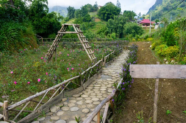 Tahta yuvarlak kütüklerin bahçesindeki patika. Ahşap dokular. Çiçek bahçesinde yürüyen insanlardan bitkileri korumak için parkta. Sapa, Vietnam