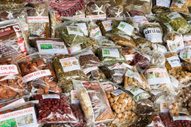Sapa, Vietnam, Oct 10, 2019 packaged nuts, dried mushrooms, dried medicinal herbs, nuts, roots in the market