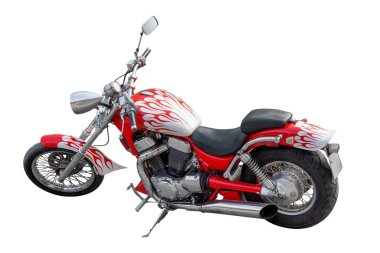 Beyaz arka planda beyaz alevler ve klasik motosiklet. İzole edilmiş