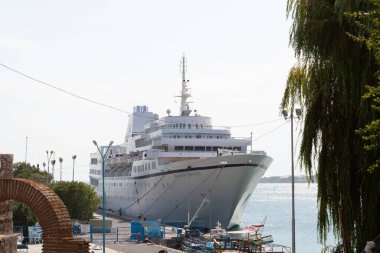 Nesebar, Bulgaria, July 23, 2012. Old Town of Nesebar. Large liner in the port