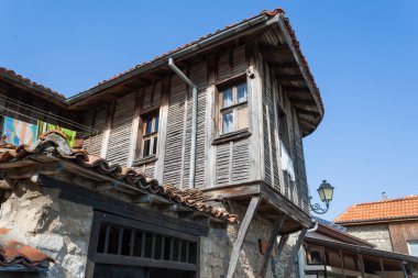 Nesebar, Bulgaria, July 23, 2012. Old Town of Nesebar. Authentic wooden facade of a Bulgarian house