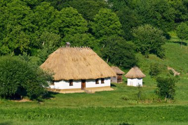 Ukrayna 'nın otantik evi. Eski otantik ahşap tipik bir ev. Geleneksel Ukrayna köyünün mimarisi