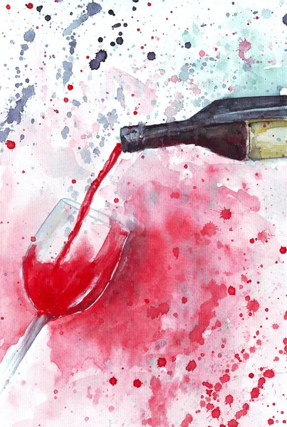 Watercolor Bottle Red Wine Glass — 图库照片