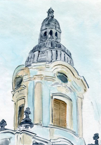 Watercolor City Hall in the old town. Chernivtsi
