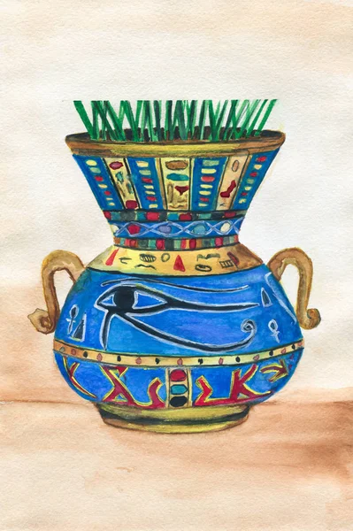 带有手柄 隔离花瓶或器皿的埃及风格陶器容器 陶器工艺 复古杯 古老的传统陶瓷壶 老式陶器 水彩画 — 图库照片