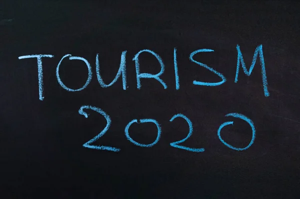 Inscription Tourism 2020 Black Board Blue Chalk — Stock Photo, Image