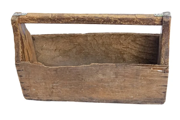 Üres Vintage Woodentool Box Közelkép Fehér Alapon Elszigetelve — Stock Fotó