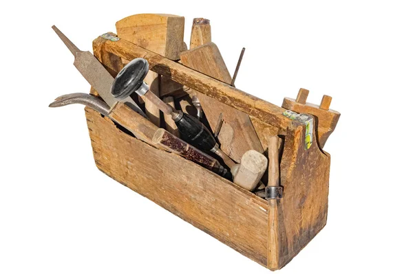 Винтаж Woodentool Box Full Carpentry Tools Изолированный Белом Фоне — стоковое фото