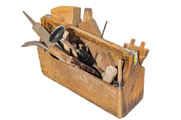Vintage Woodentool Box Full Carpentry Tools Isolated White Background Stock Image