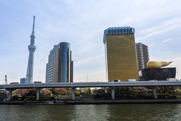 View of the Tokyo skyline from across the Sumida River.