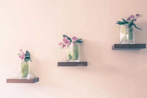 Orquídea bonita em vaso de vidro na prateleira . — Fotografia de Stock