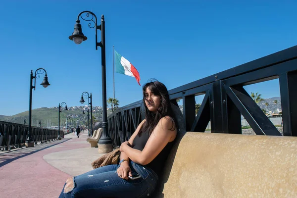beautiful mexican woman smiling and sitting in front of mexican flag