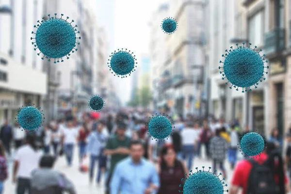 crowd of people walking on the street with particles of covid 19 or coronavirus flying in the air with the risk of infecting them