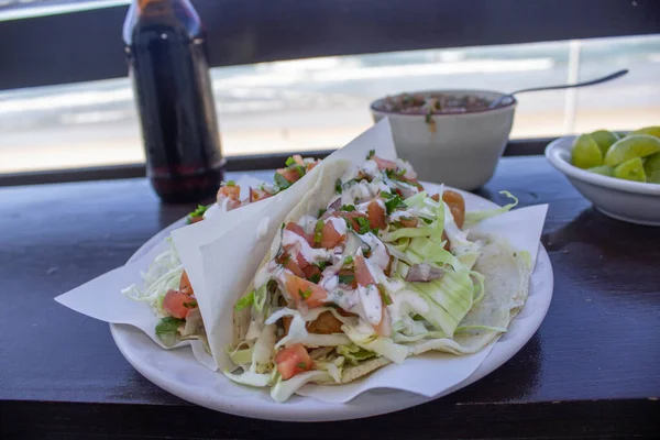 Placa Alimentaria Mexicana Con Tacos Pesca Con Estilo Baja Con — Foto de Stock