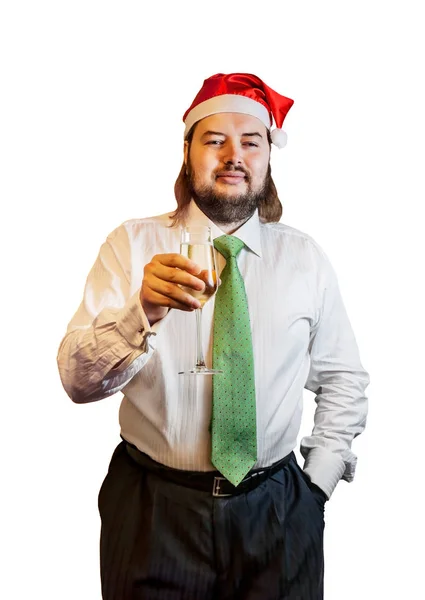 Jonge man dragen een kerstmuts met glas champagne isola — Stockfoto