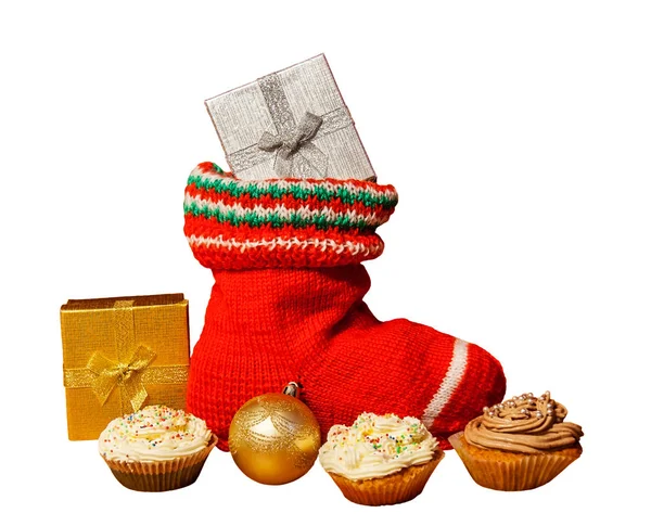 Christmas stocking with presents isolated on white background — Stock Photo, Image