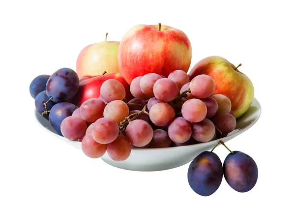 Tigela com frutas isoladas em fundo branco — Fotografia de Stock