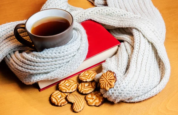 Šálek čaje, knihy a soubory cookie — Stock fotografie