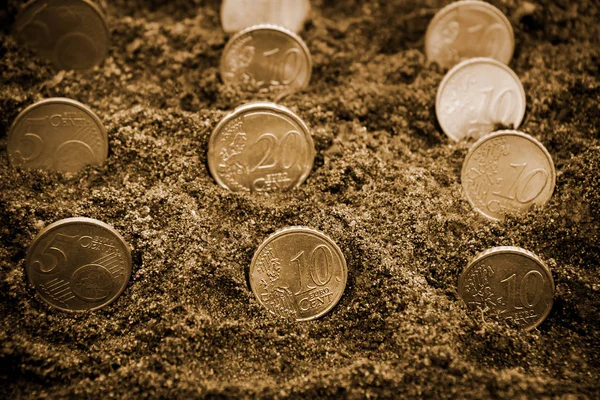 Ilość pieniądza w gospodarce. Monety euro rośnie z gleby. Selektywny fokus. Sepia, stonowanych. — Zdjęcie stockowe