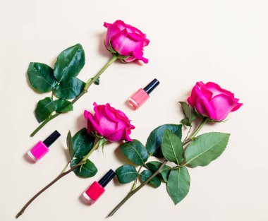 Tırnak cilaları ve gül bej renkli arka plan üzerinde