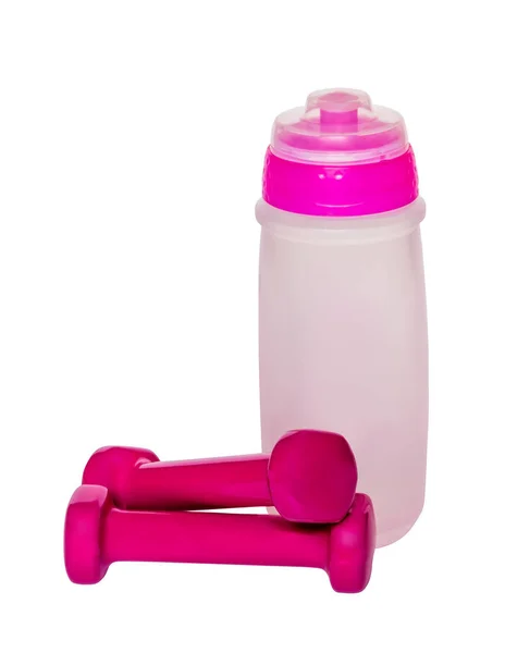Δύο ροζ αλτήρες και μπουκάλι νερό που απομονώνονται σε λευκό φόντο — Φωτογραφία Αρχείου